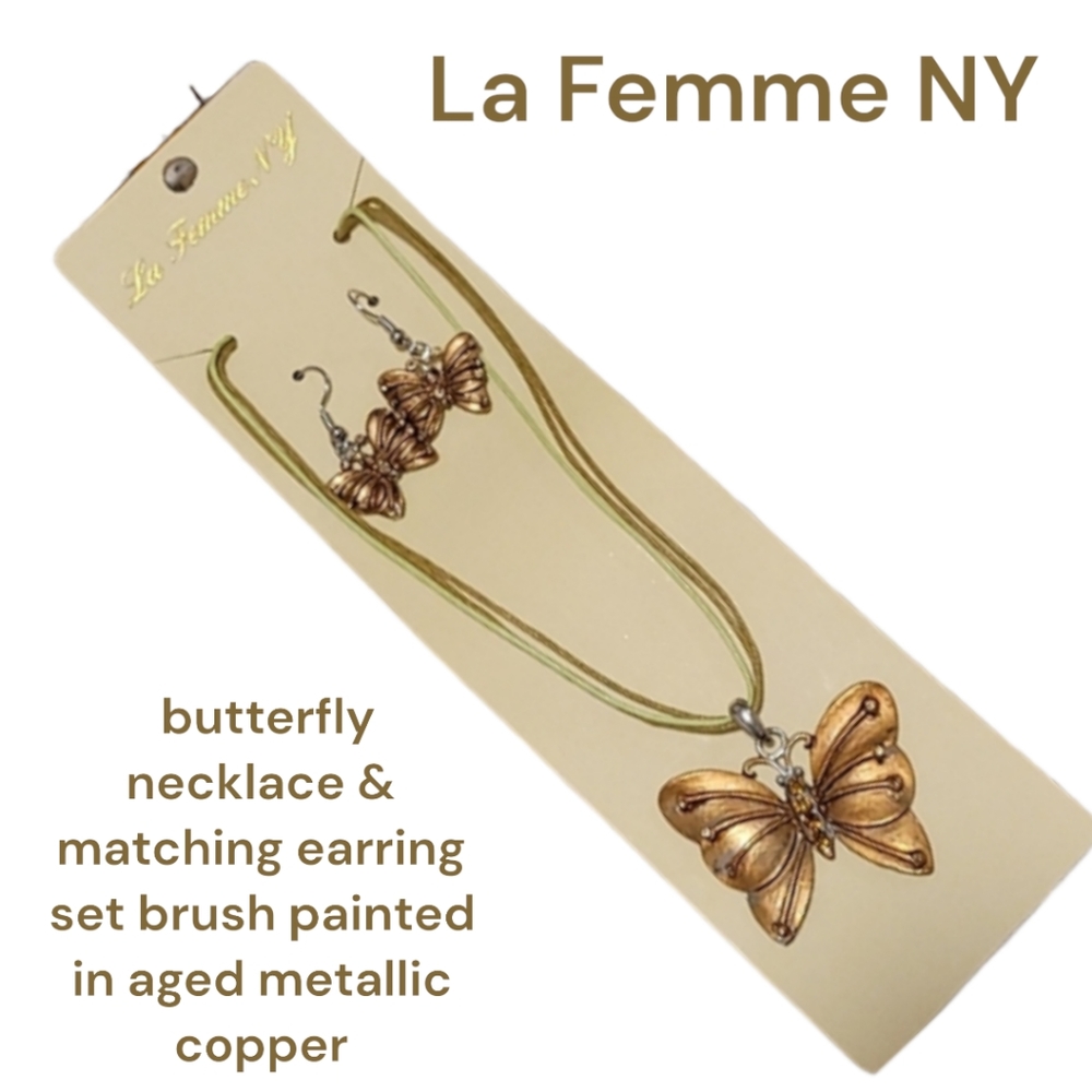 La Femme NY butterfly necklace & matching earring set in aged metallic copper